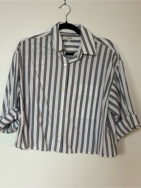 Madewell White Button-Down Shirt with Black Vertical Stripes